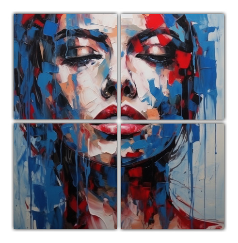 100x100cm Cuadro Floral De Rostro Humano Con Fondo Azul