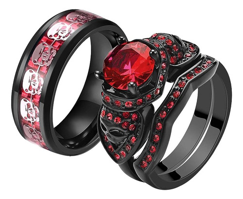 Anillo Para Mujer Chapado En Negro Redondo Rojo Y Rojo Diseñ