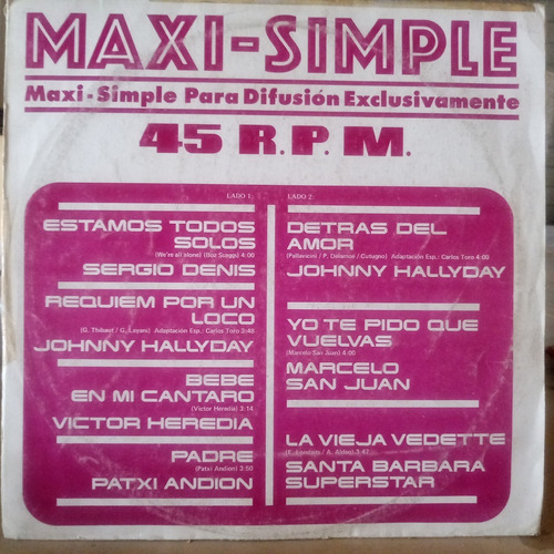 Johnny Hallyday Denis Patxi San Juan Maxi 45 Rpm Vinilo 8,5