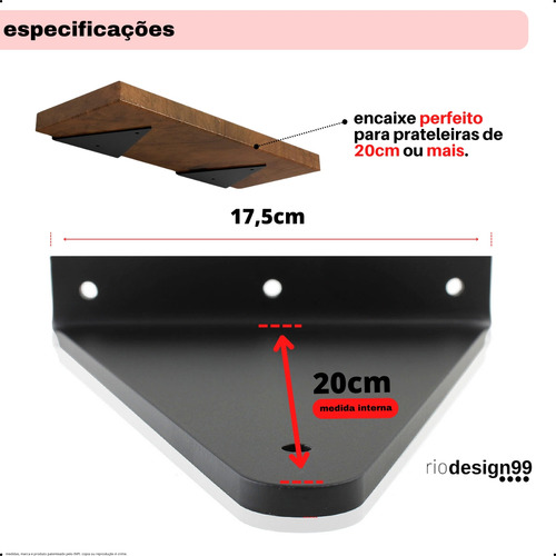20cm - Mão Francesa Cantoneira Preta Reforçada - Rio Design99 - Ferro Aço Suporte Para Prateleira Resistente Industrial Prateleira Madeira Bancada Estante Triangular S47