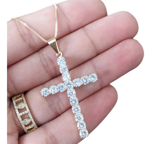 Colar Cruz Crucifixo Noiva Zirconia Dourada Folheada A Ouro