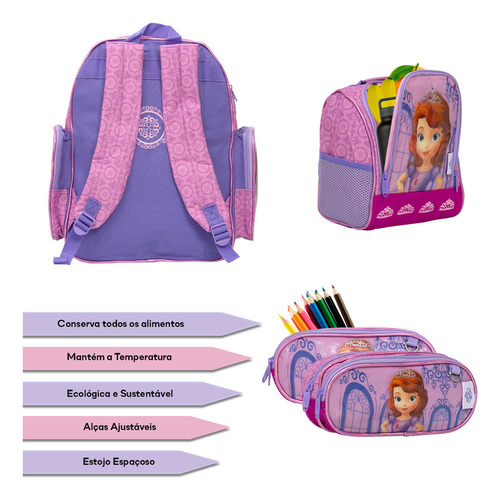 Kit Mochila Infantil Princesa Sofia Creche Pre Escola 3 Pçs