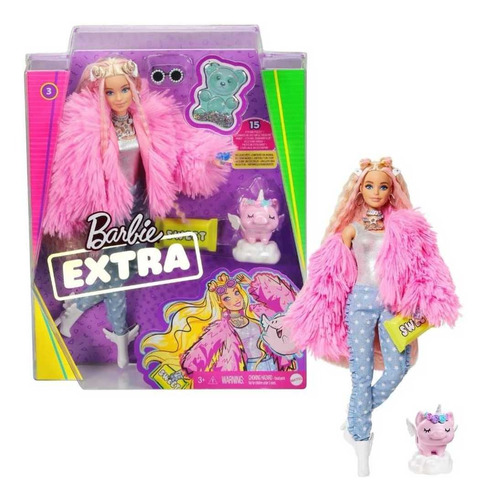 Barbie Extra Muñeca #3 Abrigo Rosa, Unicornio 15 Accesorios 