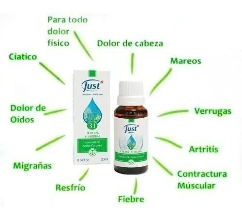 ÓLEO 31 Swiss Just . Compuesto por una combinacion de 31 aceites esenciales 100% puros. Refresca y revitaliza, alivia el dolor de cabeza y minimiza la tensión acumulada en músculos y articulaciones.