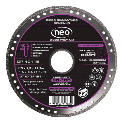 Disco Diamante Corte Metal Neo 7 PuLG Rinde 60-100 Discos