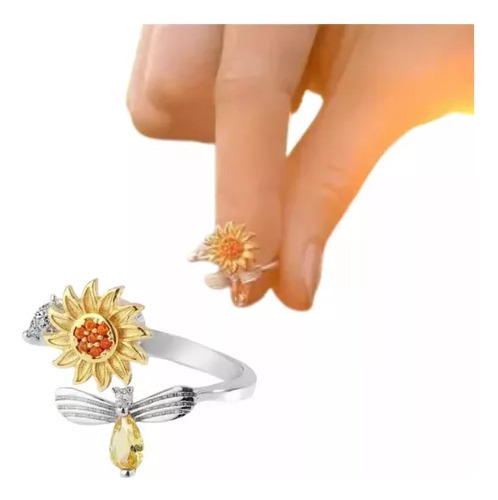 Anillo De Girasol Giratorio Antiestrés Adornado Con Diamante