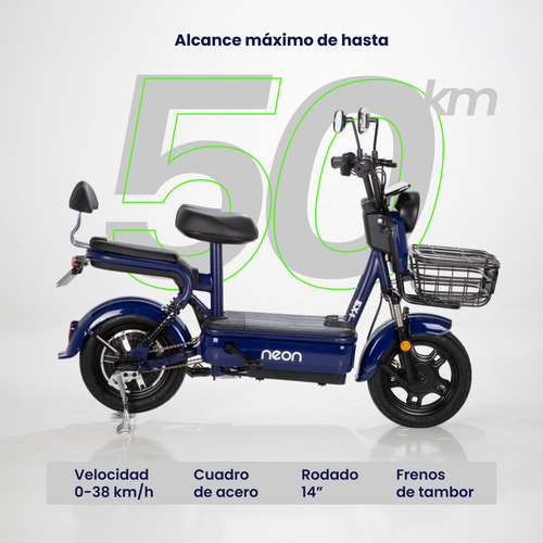 Bicicleta Eléctrica Neon EX-1R 350w acero 150kg canastilla 50km color azul oscuro