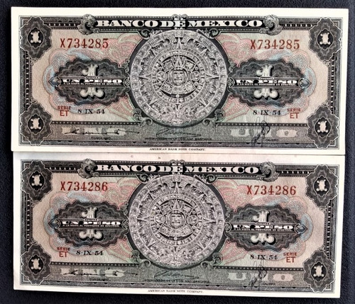 Billete De 1 Peso 1954  Serie Et 2 Piezas Nos. Consecutivos