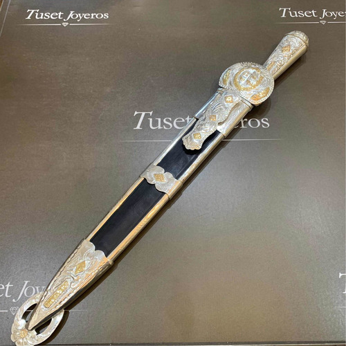 Imagen 2 de 9 de Cuchillo Facón 36 Cm Solingen, En Plata Y Oro. Escudo. Tuset