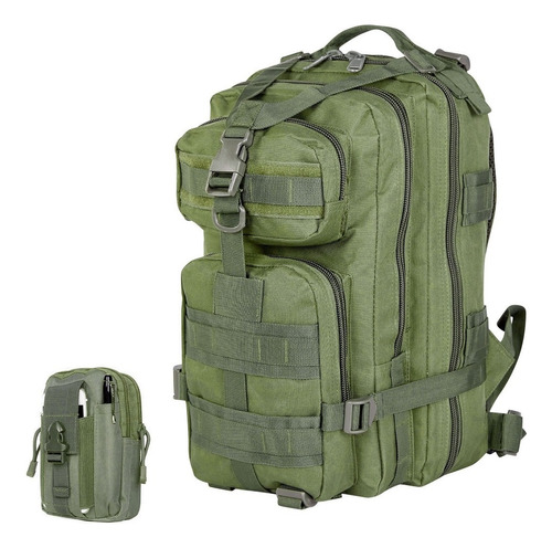 Mochila Táctica Militar 25 Lts  Pouch Estuche Porta Celular Color Verde Oscuro