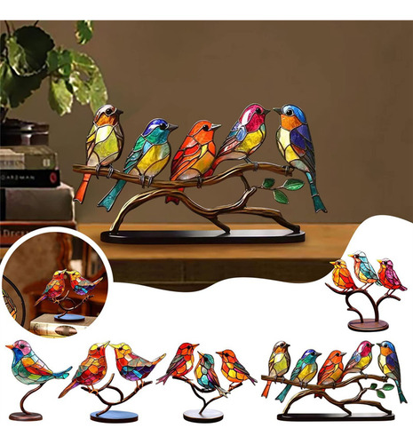 Ornamentos De Mesa Com Vitrais, Pássaros Em Galho, Dupla Fac