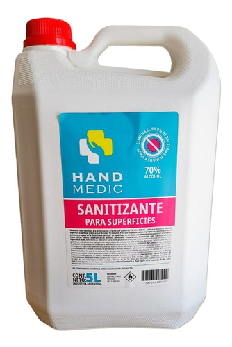 Sanitizante Superficies Hand Medic 70% Alcohol 5lts Liquido