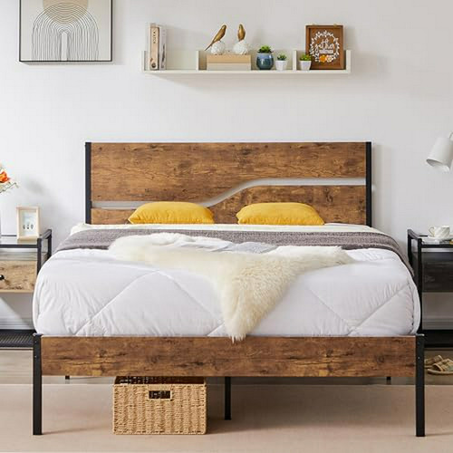 Cama Queen  Con Cabecero De Madera Rustica.