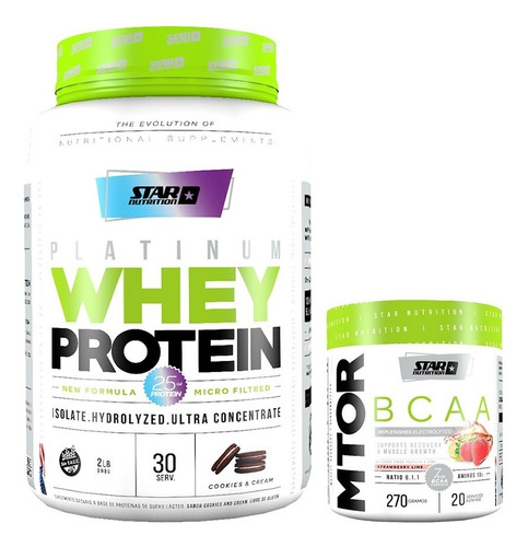 Proteina Whey Star Nutrition 2 Lb + Mtor 270 Gr Sabor Cookies & Cream + Strawberry Lime