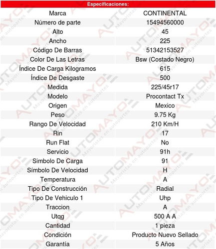 1 Llanta 225/45r17 (91h) Continental Procontact Tx