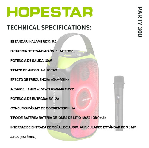 Parlante Hopestar Party 300, Luz Rgb, 80w Micrófono Karaoke