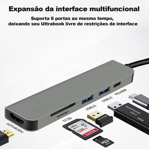 Adaptador Usb 3.0 Hub Tipo C 6 Em 1 Hdmi 4k Micro Sd Tf