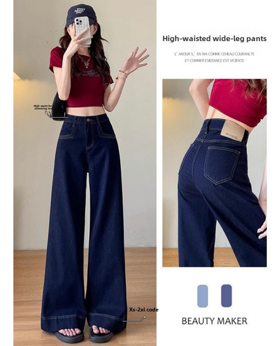 Pantalones Largos De Algodón De Cintura Alta Con Jeans Ancho
