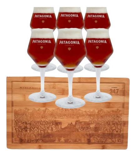 6 Copas De Cerveza Patagonia Tekku + Tabla Madera Ilustrada