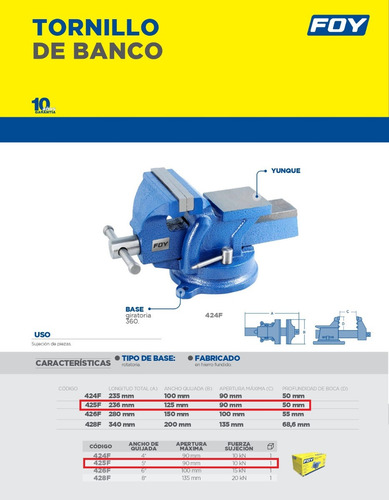 Tornillo De Banco 5 In Base Giratoria Prensa Ind. 425f Foy