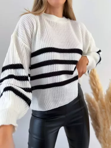 Sweater Lana Rayado Mujer Cuello Redondo Mangaglobotendencia