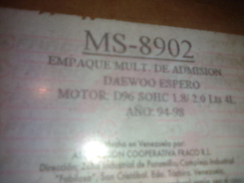 Empacadura Múltiple Admisión Ms- 8902/daewoo Espero 1.8-2.0 