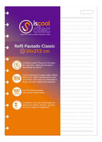 Refil Caderno Disco Inteligente Pautado Classic 100 F 90g G Cor Branco