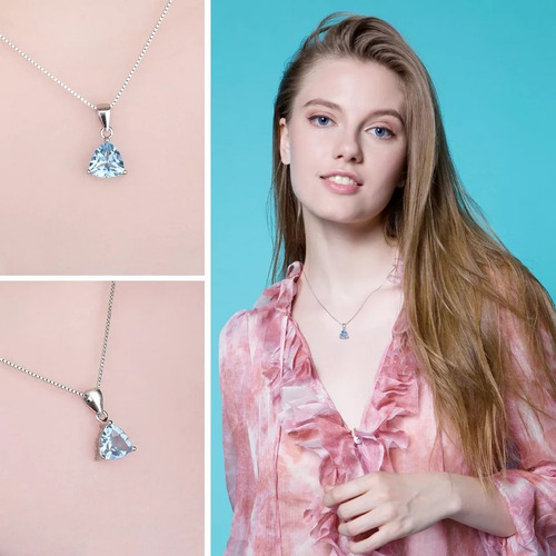 Imagen 3 de 10 de Collar Azul Topacio Plata 925 Mujer + Cadena + Caja Fina