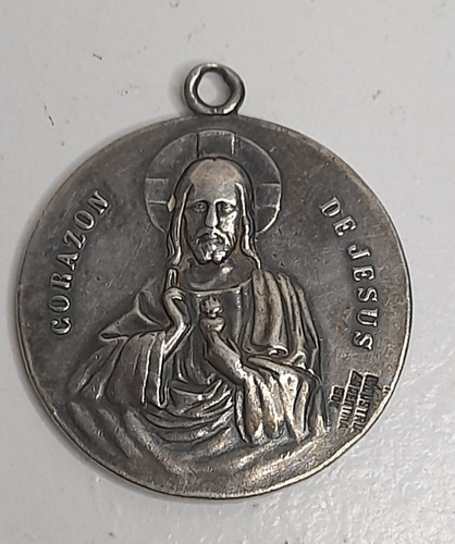 Antigua Medalla De Plata Corazon De Jesus Virgen Maria