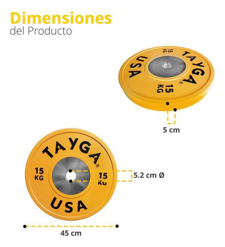 Par Disco Olímpico Heterofilia Competencia 15kg Tayga (2 Pz) Color Amarillo