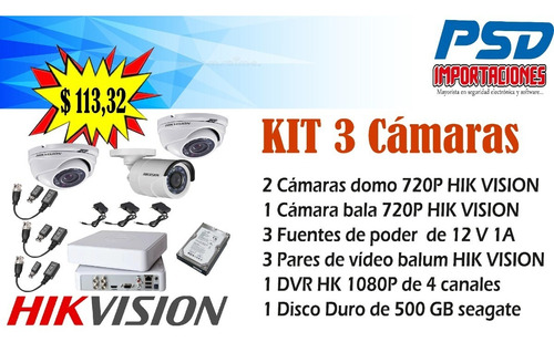 Kit 3 Cámaras Hikvision 720p + Dvr Hikvision 4 Canales 1080p