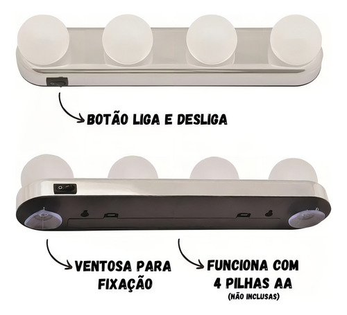 Espelho Iluminação Luz Com Ventosa Camarim Maquiar Cor Branco Com Ventosa Sem Fio Camarim