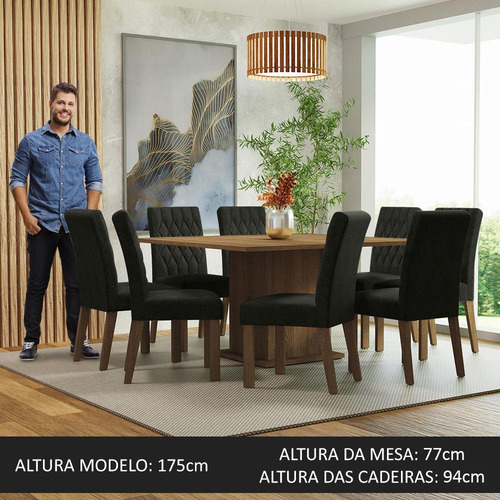 Sala Jantar Mesa Tampo Madeira 8 Cadeiras Leila Madesa Cor Rustic/Oxford