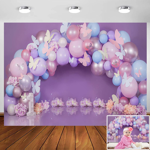 Globo Mariposa Morado Fondo Flor Para Niña Decoracion Pastel