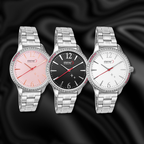 Reloj Steiner Análogo Extensible Plateado Acero Inox. 3atm Fondo Negro