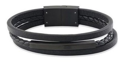 Bracelete Rosso De Couro E Aço Triplo R-150273