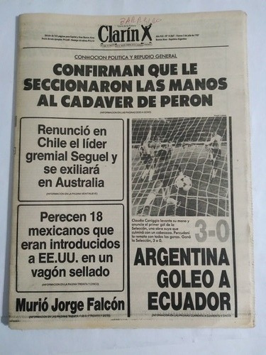 Clarin 3/7/1987 Manos Peron , Copa America Argentina 3 Ecu 0