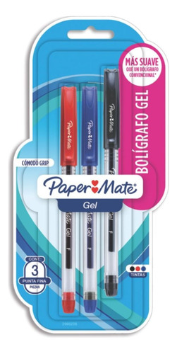 3 Boligrafo Gel Paper Mate Punto Fino Negro Azul Rojo