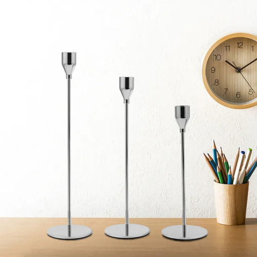Set 3 Candelabros Porta Velas Plateado Decora Centro De Mesa