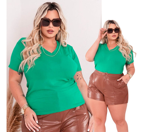 Baby Look Feminina Blusa Plus Size Manga Curta Decote V Cor