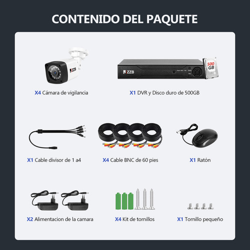 Jzzb Cámara De Seguridad Kit Vigilancia 2mp Visión Nocturna Color Blanco