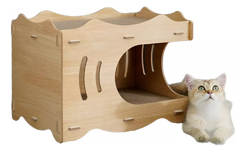 Cama Casa De Madera Para Gatos Con Rascador Interno