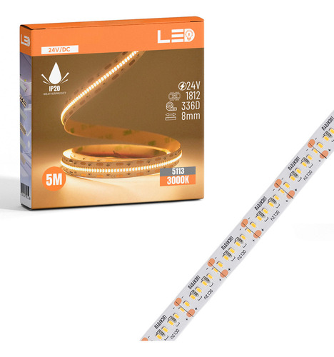 Fita Super Led 12v 1812 Smd 336 Led/m 11w/m 5m Ip20 Cor Da Luz Branco Quente 3000k