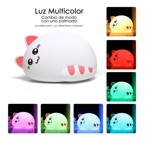 Lampara Velador Infantil Gatito Silicona Multi Colores Led