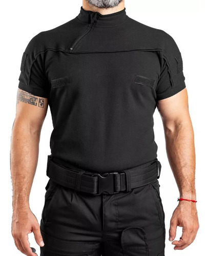 Remera Manga Corta Negra Con Cierre Pique Premium Policia