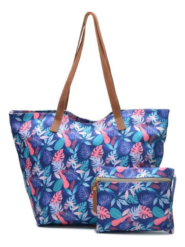 Bolsa Feminina Saco Estampada Floral Zíper + Necessaire Cor Azul