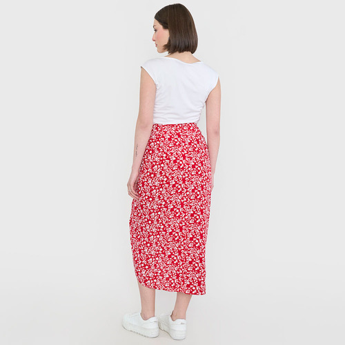 Falda Mujer Midi Recojida Print Flores Rojas Corona