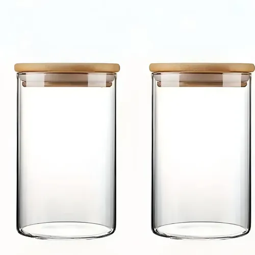 2 Pote De Vidro Com Tampa Bambu Organizador Cozinha Conjunto Cor Transparente