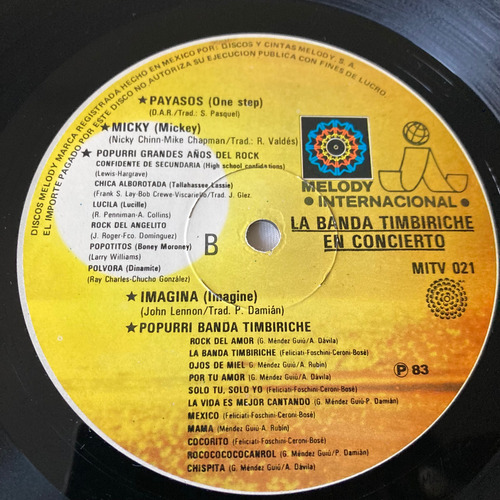 La Banda Timbiriche / En Concierto Lp Vinilo 1983 Impecable Estándar (Usado)