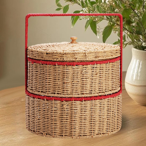 Canasta Tejida A Mano Con Mango Cesta De Picnic Doble Capa